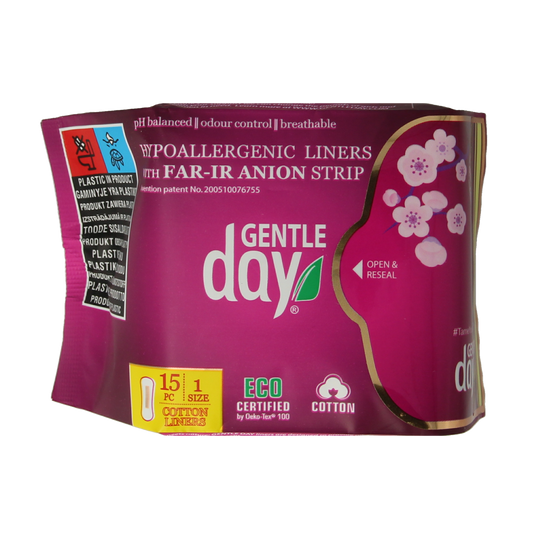 Box of Gentle Day inlegkruisjes, 15 pack, feminine incontinence pads for women, with soft, discreet design and absorbent core.
