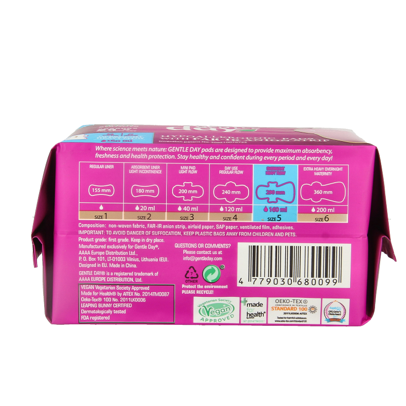 Gentle Day night sanitary pads, 8-pack, for women’s overnight protection, soft and absorbent menstrual pads.