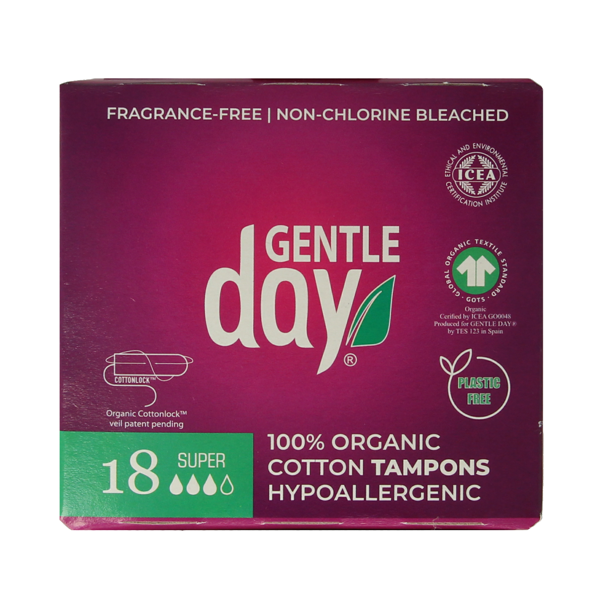 Box of Gentle Day super tampons with 18 disposable tampons for women, featuring discreet packaging and comfortable design.