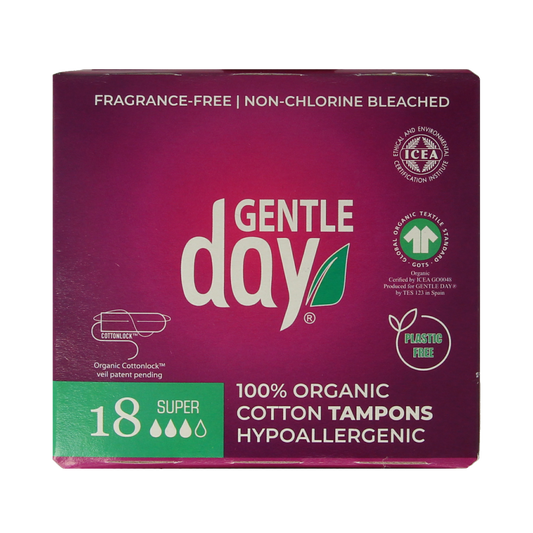 Box of Gentle Day super tampons with 18 disposable tampons for women, featuring discreet packaging and comfortable design.