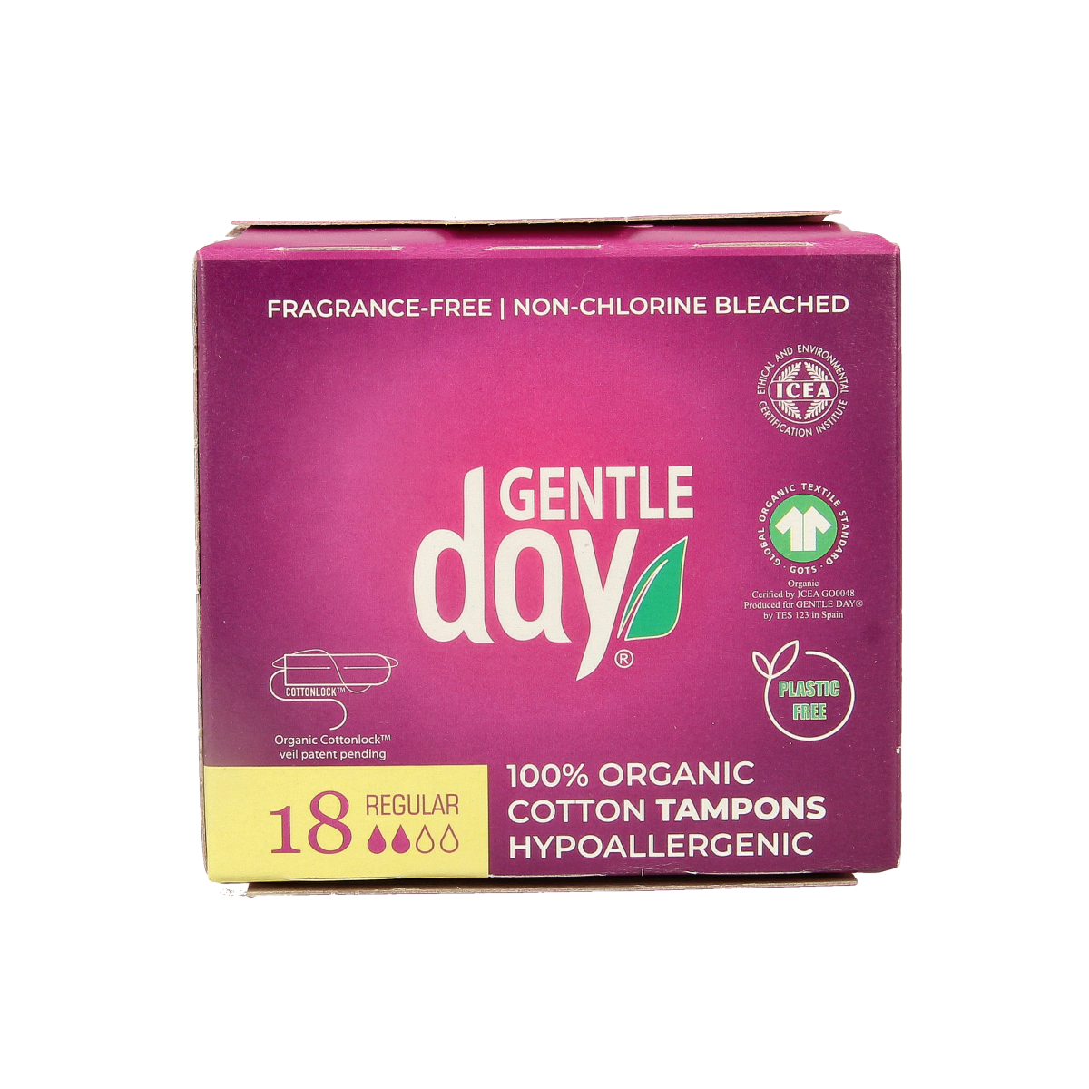 Gentle Day Regular Tampons pack with 18 units, soft applicators, and discreet packaging for comfortable feminine hygiene.