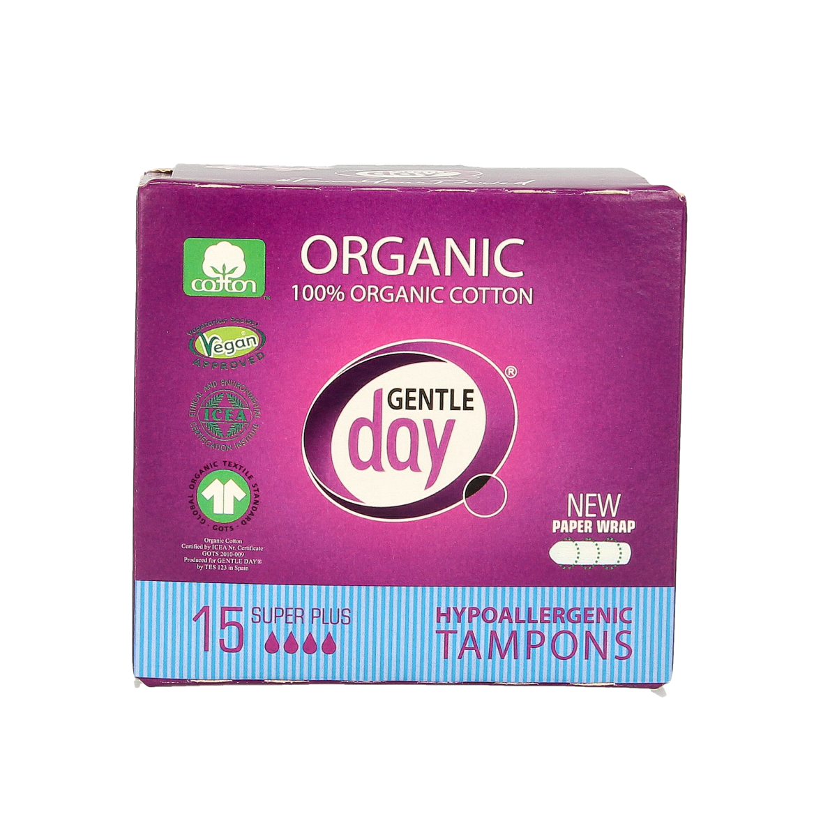 Gentle Day Super Plus tampons, pack of 15, for women, with applicator and smooth white absorbent material.