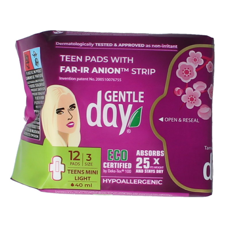 Gentle Day Teen menstrual pads pack of 12, feminine hygiene product for teens, soft and discreet comfort for daily use