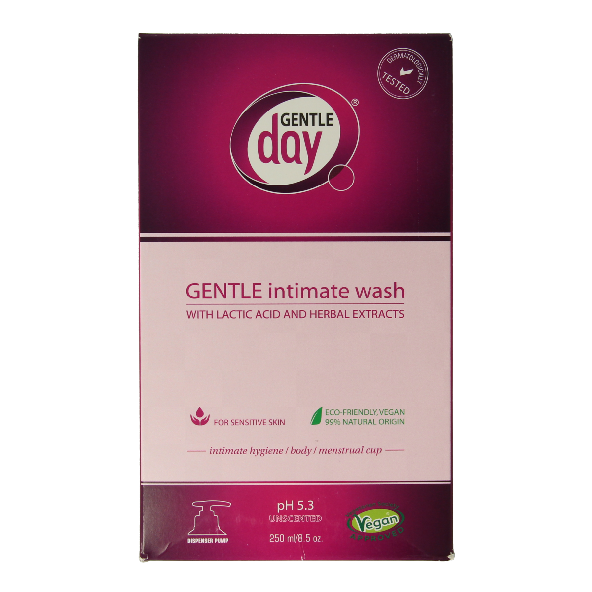 Gentle Day Intieme wasgel for women, 250ml bottle, gentle feminine hygiene product with soft, clear liquid in a white pump bottle.