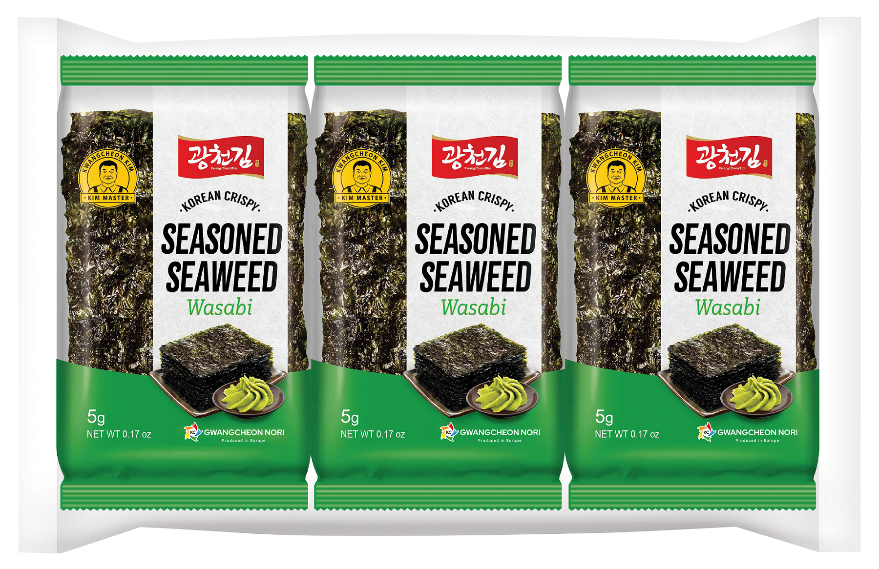 KC Nori Zeewier snack with wasabi flavor, 3x5g packs, crispy seaweed snack from KC Nori for healthy snacking.