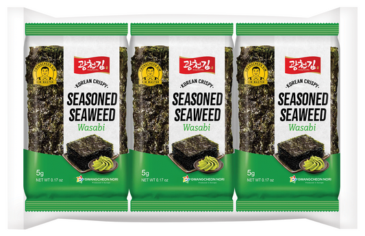 KC Nori Zeewier snack with wasabi flavor, 3x5g packs, crispy seaweed snack from KC Nori for healthy snacking.