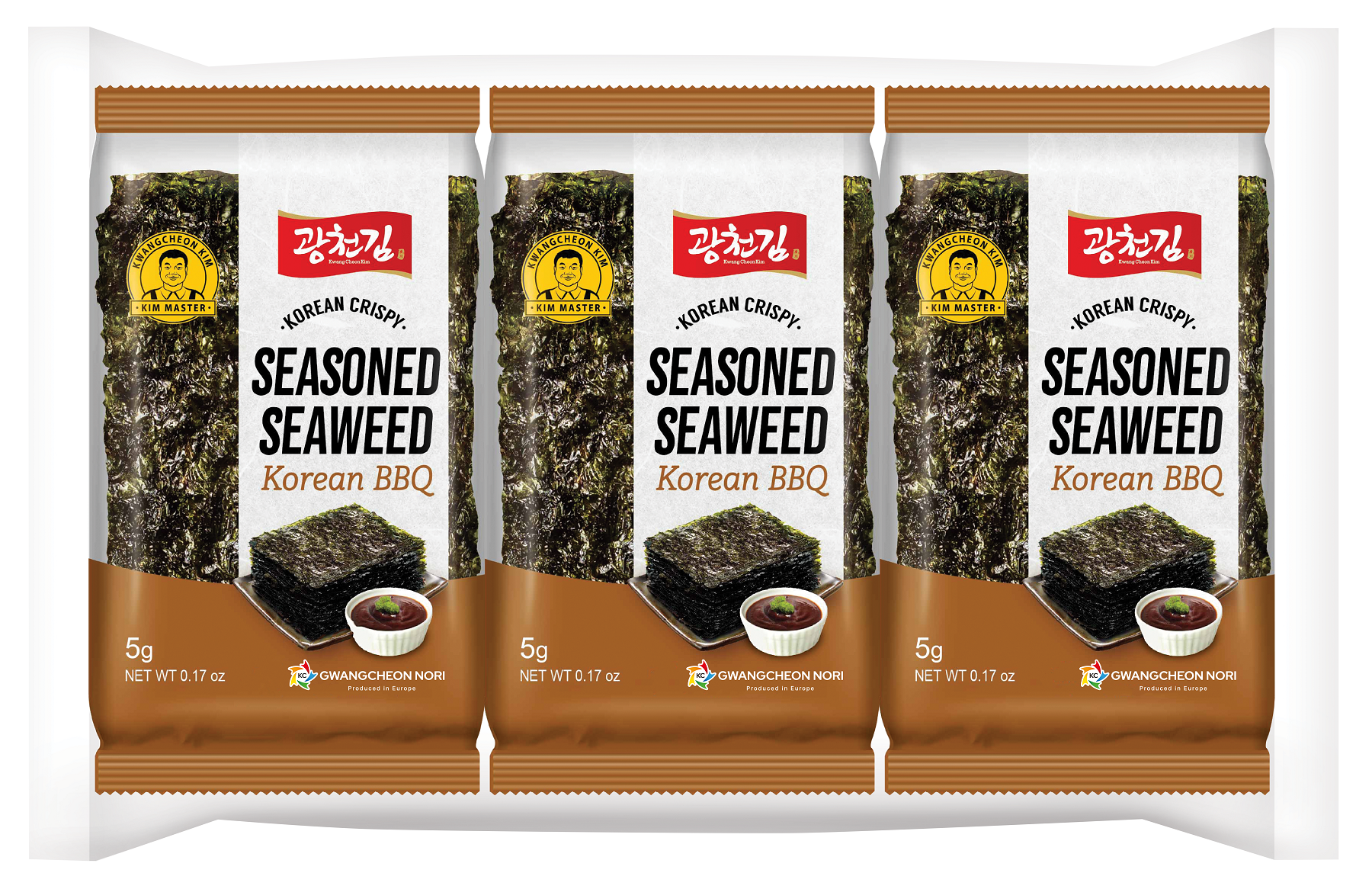 KC Nori BBQ seaweed snack, 3 packs of 5 grams each, crispy nori sheets from KC Nori, perfect for a savory snack.
