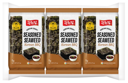 KC Nori BBQ seaweed snack, 3 packs of 5 grams each, crispy nori sheets from KC Nori, perfect for a savory snack.