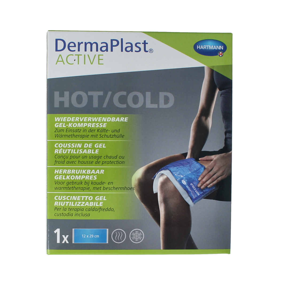 Dermaplast Active hot and cold compress, 12 x 29 cm, reusable warm and cold therapy pack for pain relief.