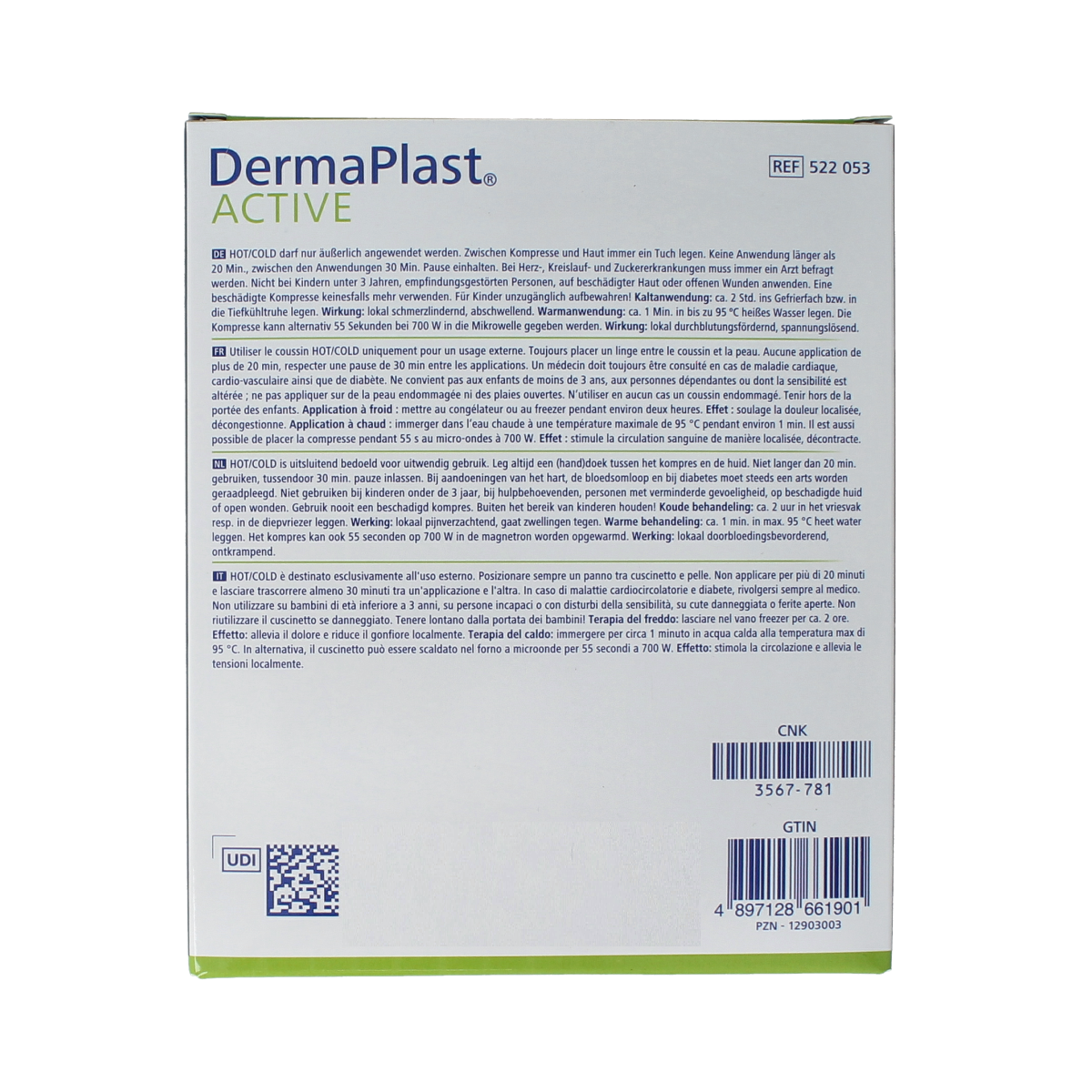 Dermaplast Active hot and cold compress, 12 x 29 cm, soft fabric treatment for pain relief and soothing therapy.