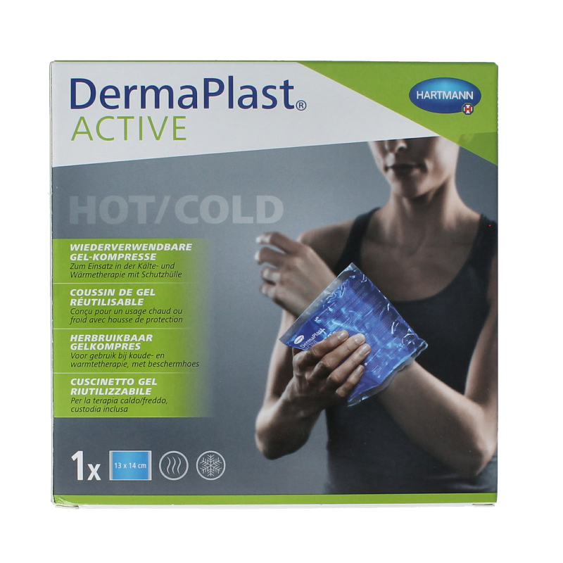 Dermaplast Active cold and hot compress, 13x24cm, for pain relief, shown in a soft fabric covering on a white background.