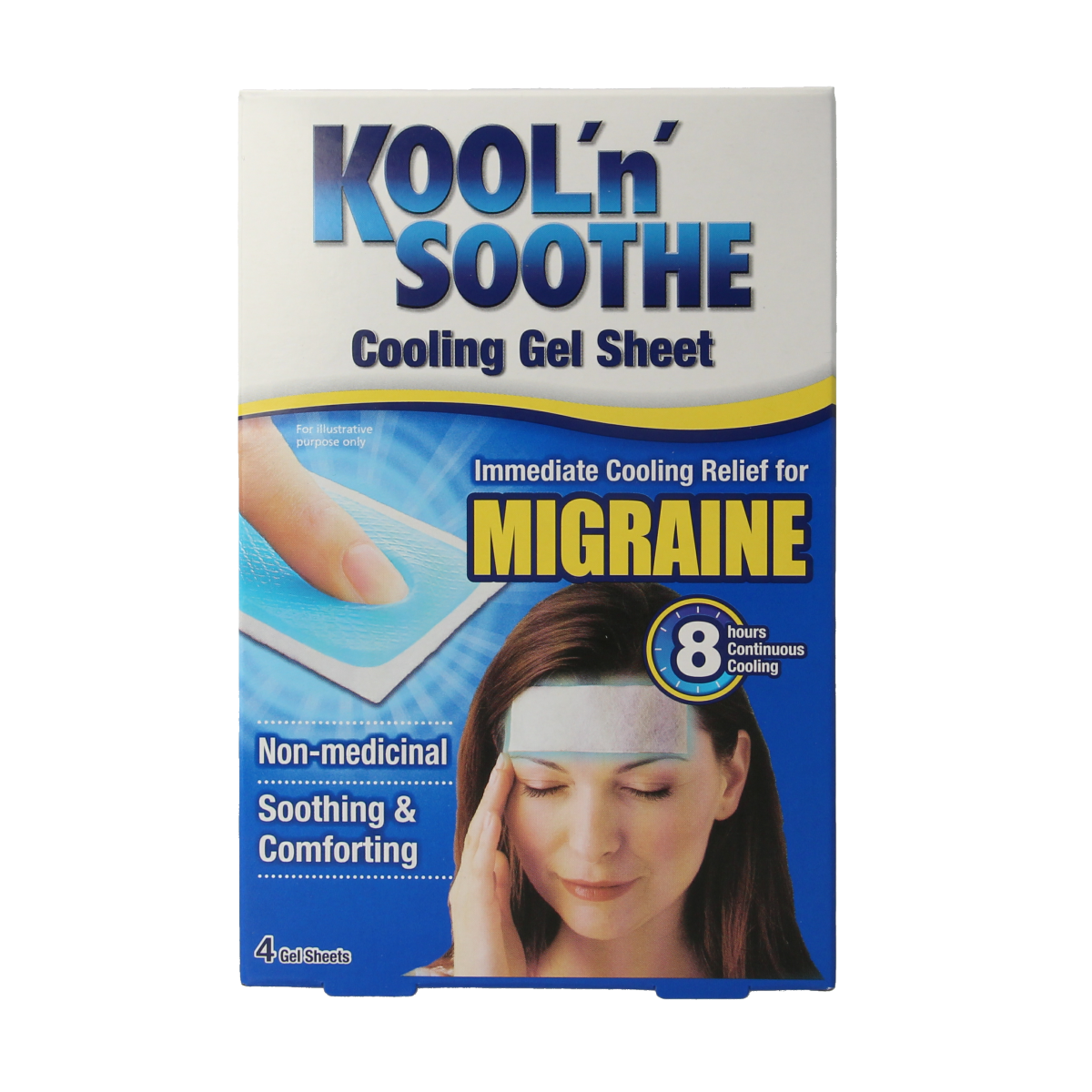 Kool’n’Soothe Migraine gelstrips for headache relief, two strips shown on a white background, designed to soothe migraine pain.