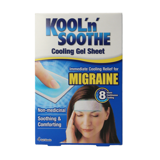 Kool’n’Soothe Migraine gelstrips for headache relief, two strips shown on a white background, designed to soothe migraine pain.