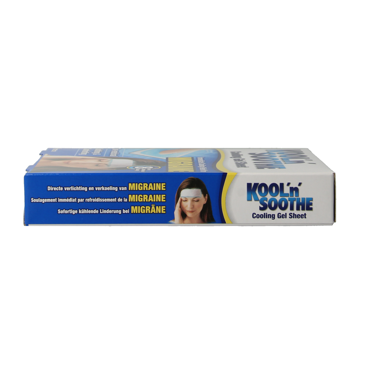 Kool’n’Soothe Migraine gelstrips for headache relief, showing two packs of soothing strips on a white background.