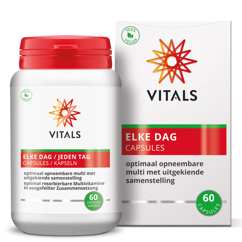 Vitals Elke Dag Capsules, a bottle of 60 multivitamin capsules from Vitals, with colorful capsules in a clear container.