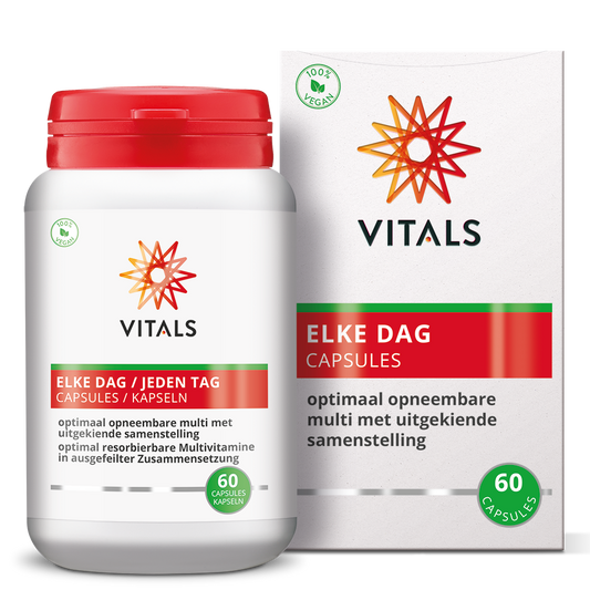 Vitals Elke Dag Capsules, a bottle of 60 multivitamin capsules from Vitals, with colorful capsules in a clear container.