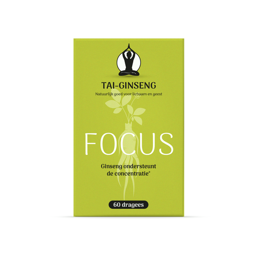 Tai Ginseng Focus herbal supplement dragees in a package, featuring the product label and front view of the Tai Ginseng box.