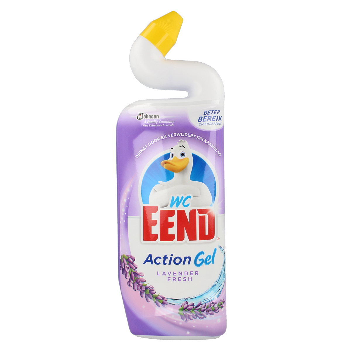 WC Eend Action gel lavendel fresh toilet cleaner in a 750ml bottle, featuring lavender scent for bathroom freshness.