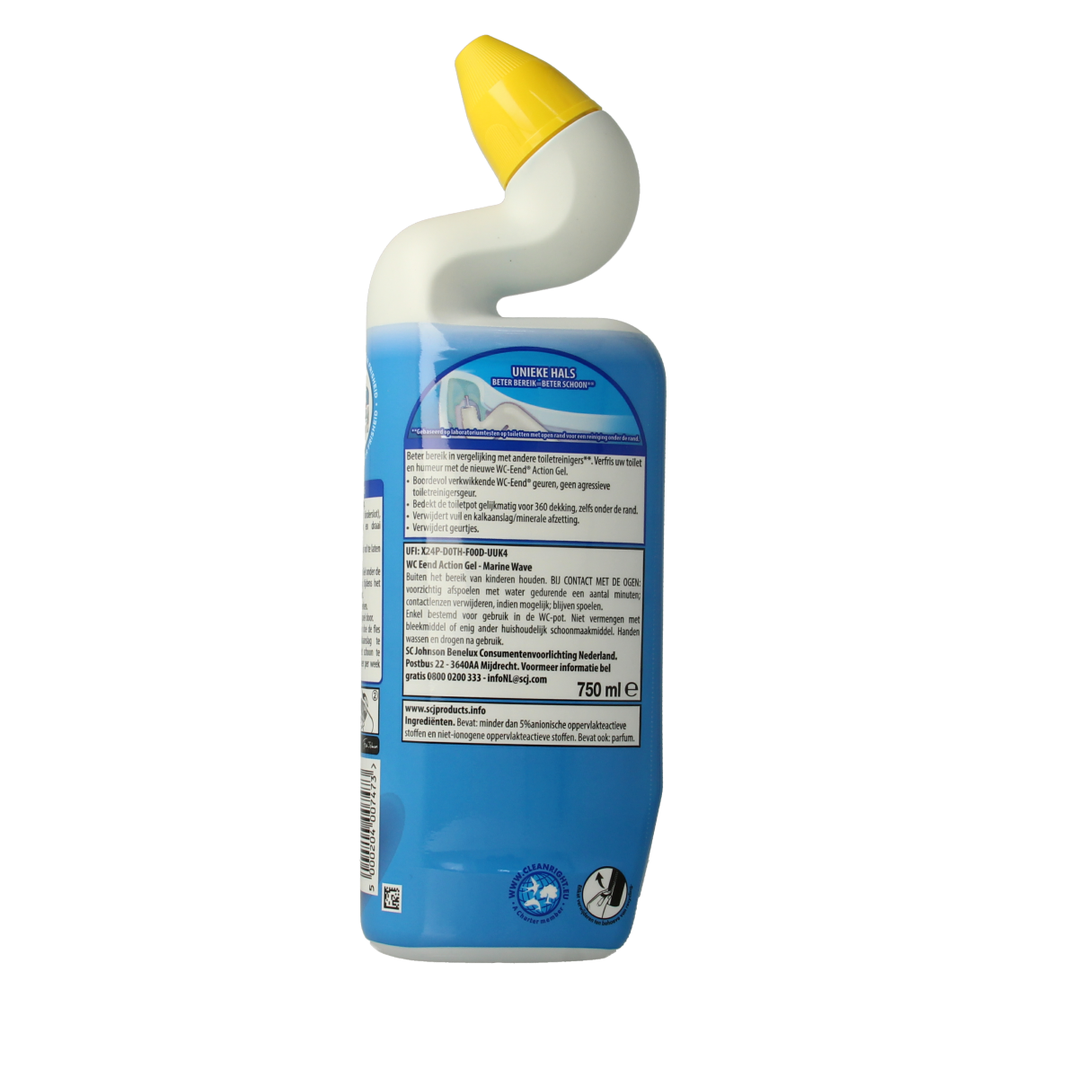 WC Eend Toiletreiniger Action Gel Marine Wave in 750ml bottle, fresh bathroom cleaner with marine fragrance.
