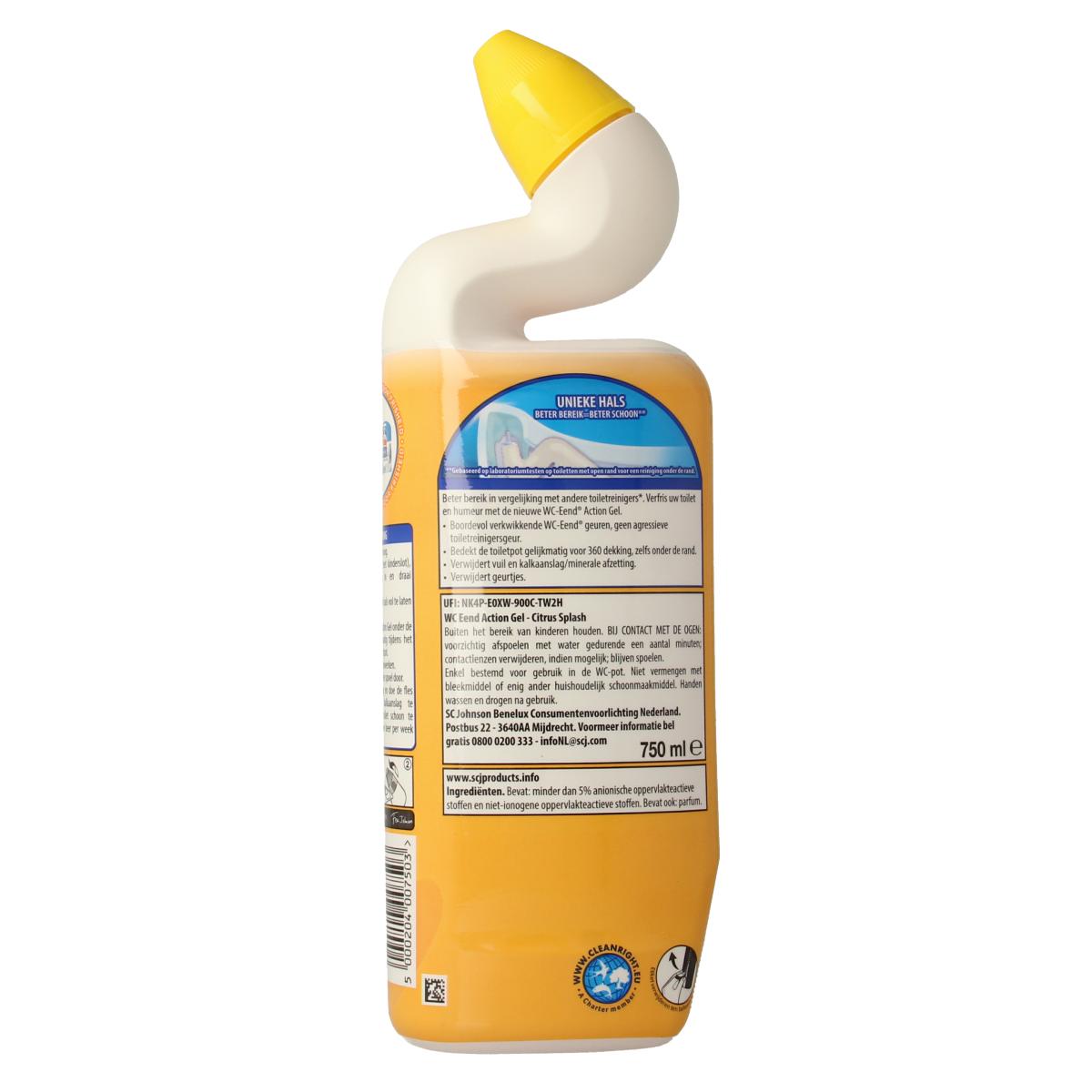 WC Eend Toiletreiniger Action Gel Citrus Splash in 750ml bottle, refreshing toilet cleaner with citrus scent.