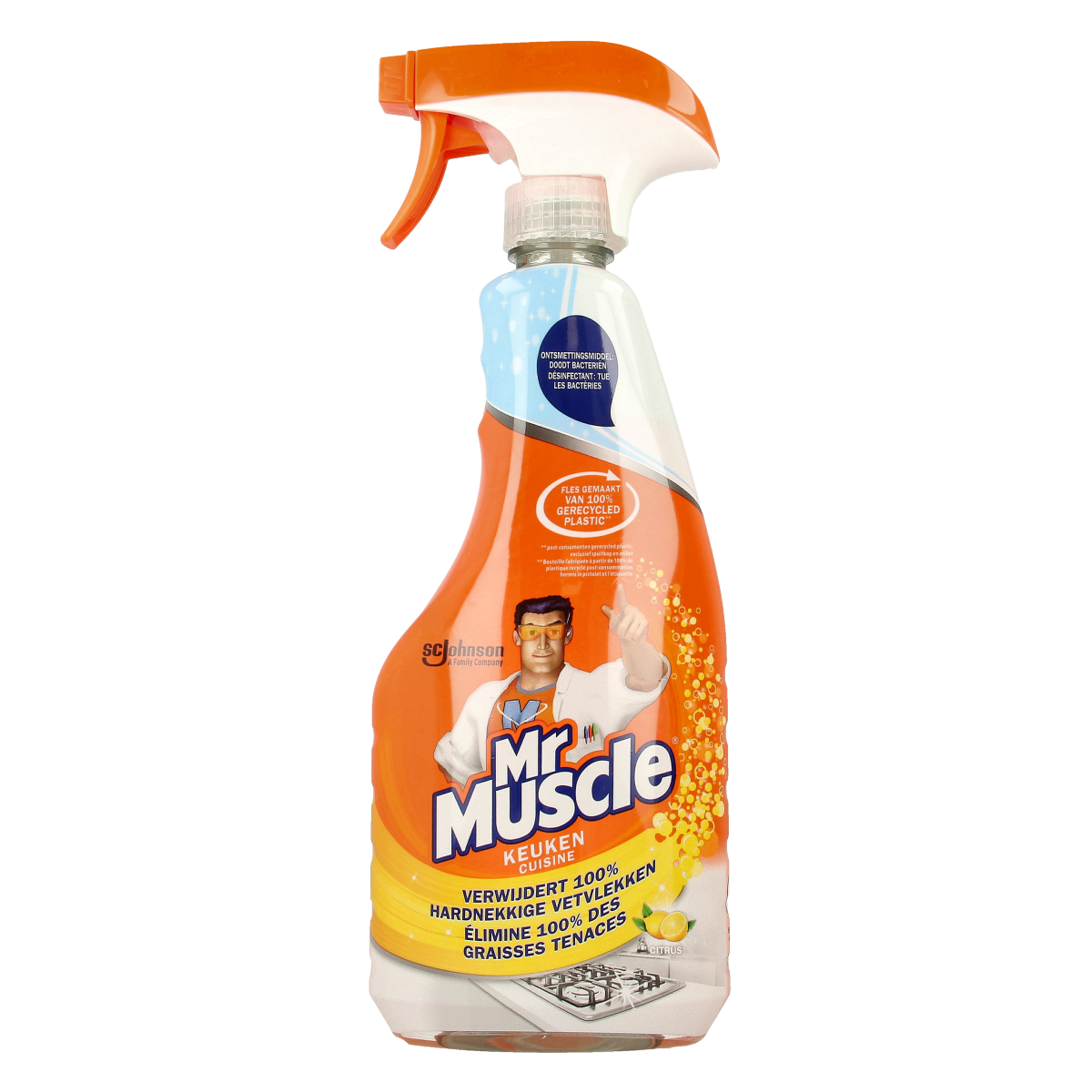 Mr Muscle Keuken cleaning spray bottle containing 500ml of kitchen surface cleaner in a white and blue spray container.