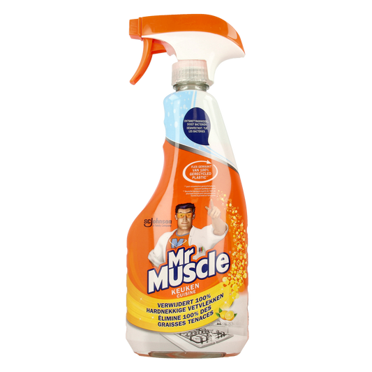 Mr Muscle Keuken cleaning spray bottle containing 500ml of kitchen surface cleaner in a white and blue spray container.