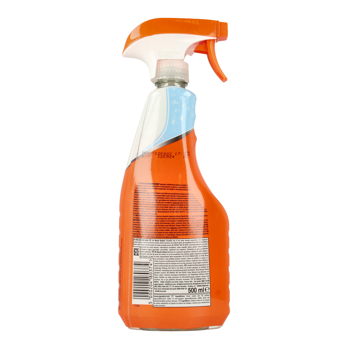 Mr Muscle Keuken cleaning spray bottle, 500ml, in a white and blue container for kitchen surface cleaning.