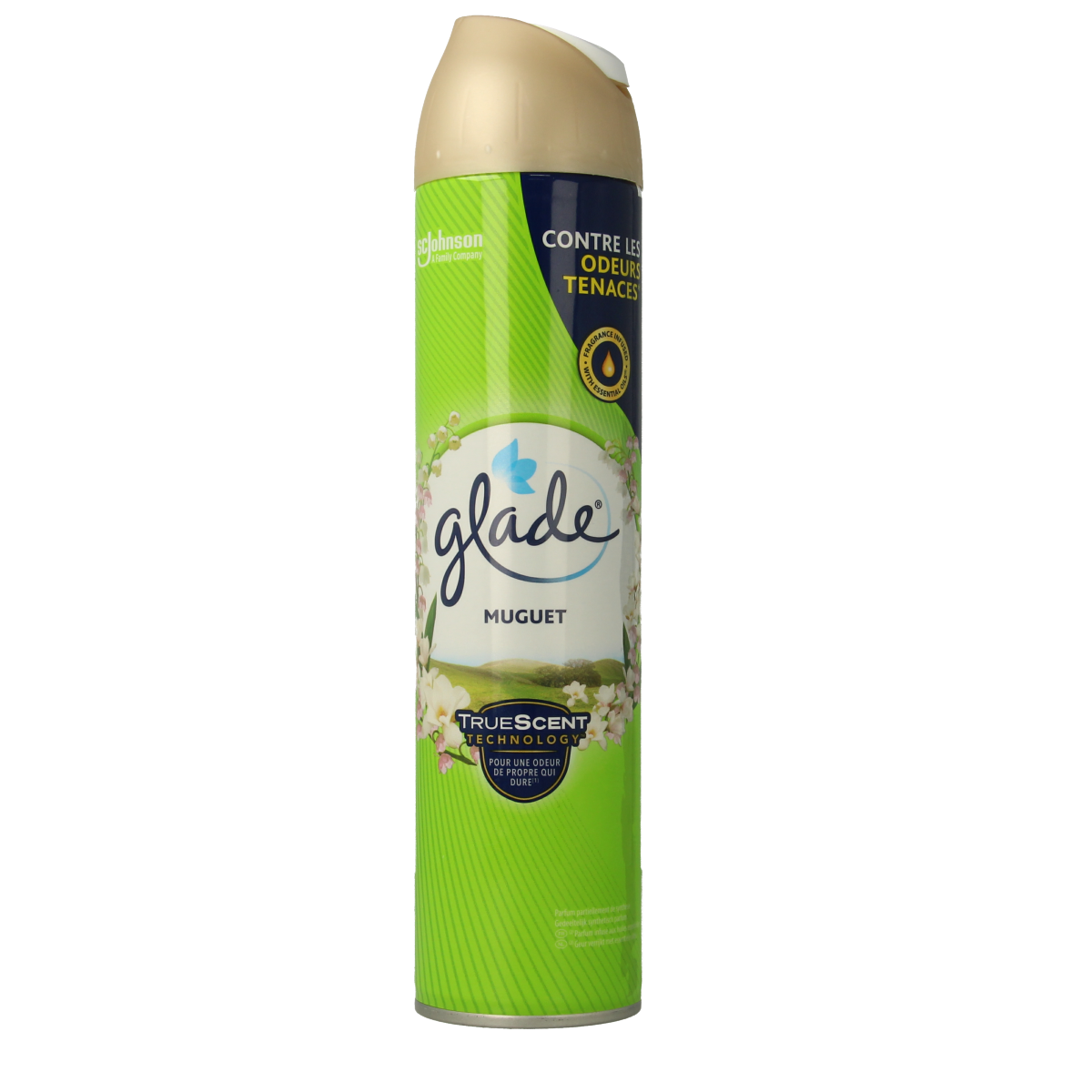 Glade Aerosol Muguet scent, 300ml, a floral air freshener with a spray nozzle for freshening indoor spaces.