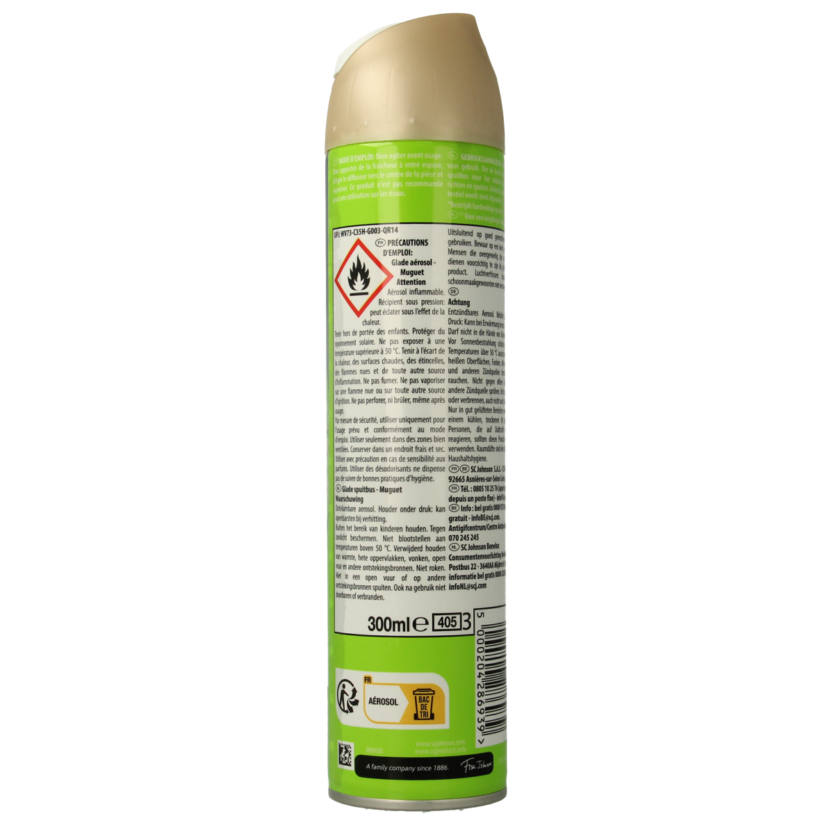 Glade Aerosol Muguet geurverspreider in 300ml can, with floral design and spray nozzle visible in the image.