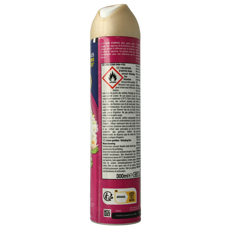 Glade Aerosol Relaxing Zen geurverspreider spray in 300ml bottle, designed to create a calming atmosphere.