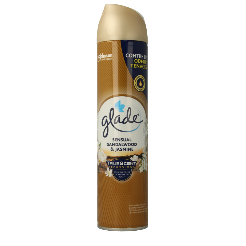 Glade sensual sandalwood and jasmine aerosol air freshener in a 300ml bottle, designed for freshening indoor spaces.