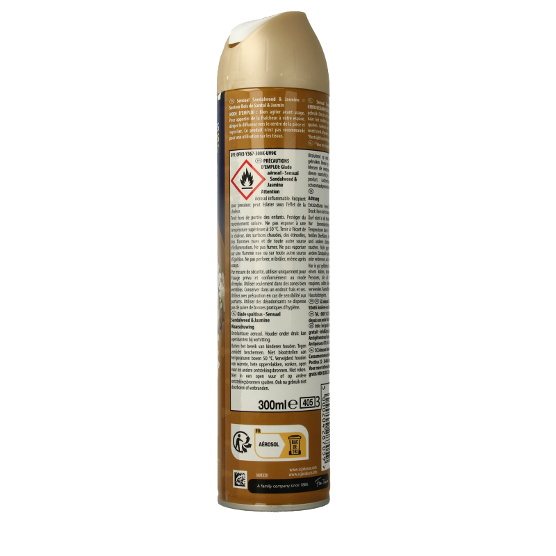 Glade Sensual Sandalwood & Jasmine aerosol air freshener spray in a 300ml bottle, designed for scent dispersal.