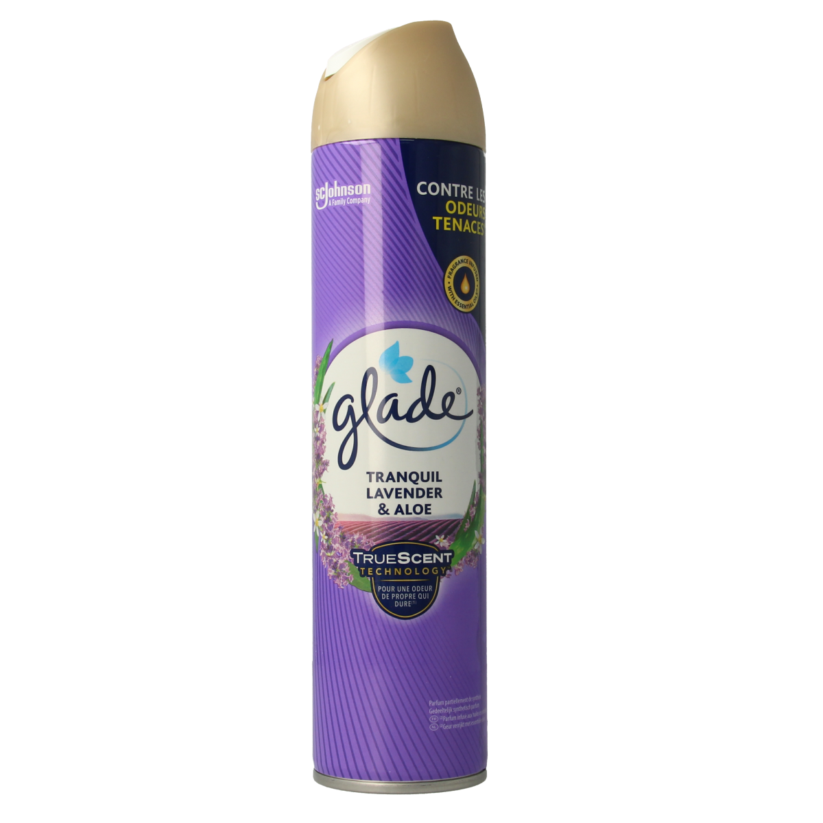Glade aerosol geurverspreider in tranquil lavender en aloe scent, 300ml spray can with lavender flowers and aloe leaves.