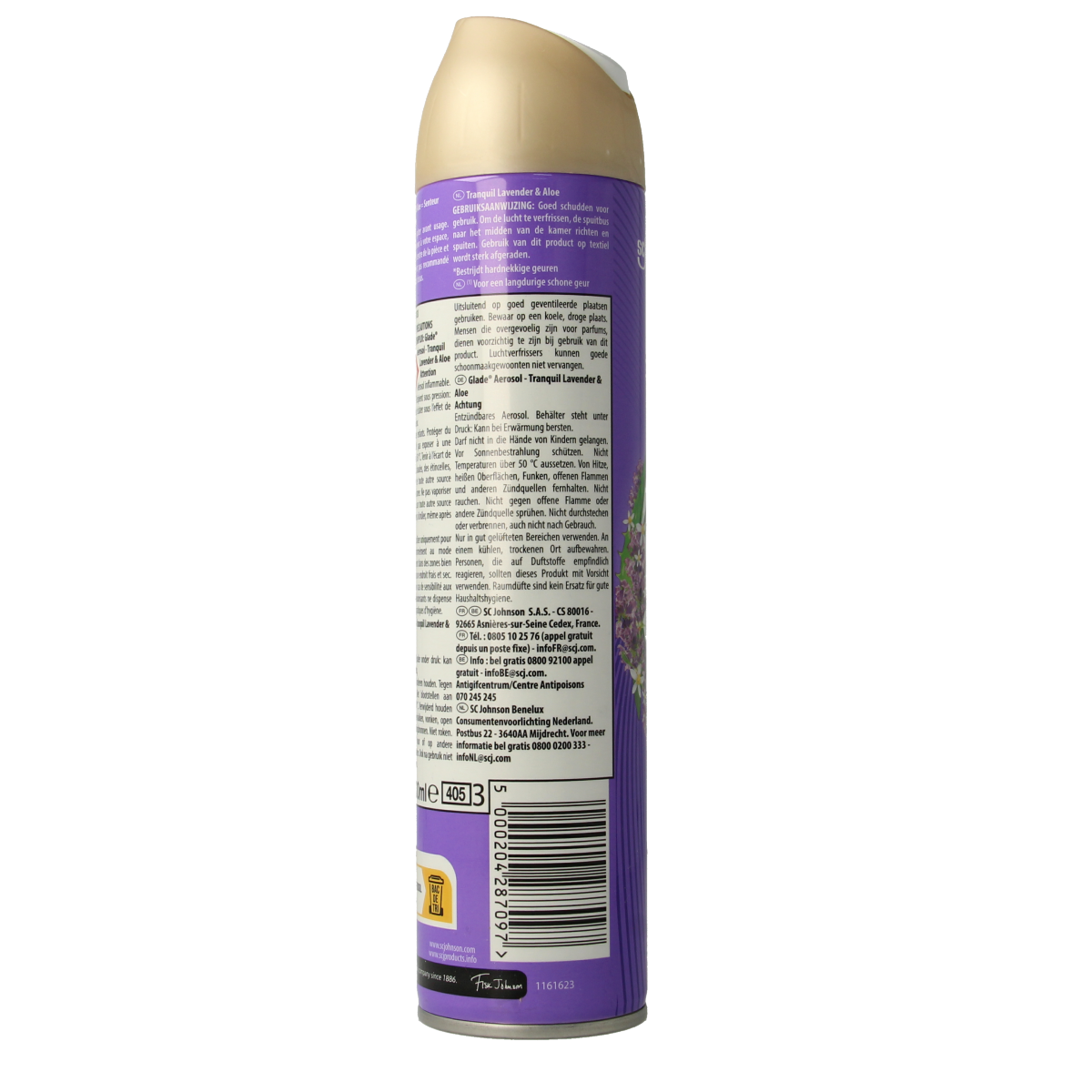 Glade aerosol geurverspreider with tranquil lavender and aloe scent, 300ml can for fresh home fragrance.