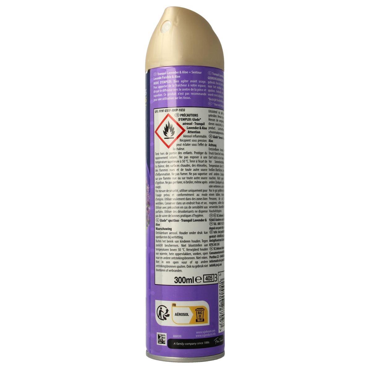 Glade aerosol air freshener with tranquil lavender and aloe scent, 300ml, in a spray can for freshening indoor spaces.