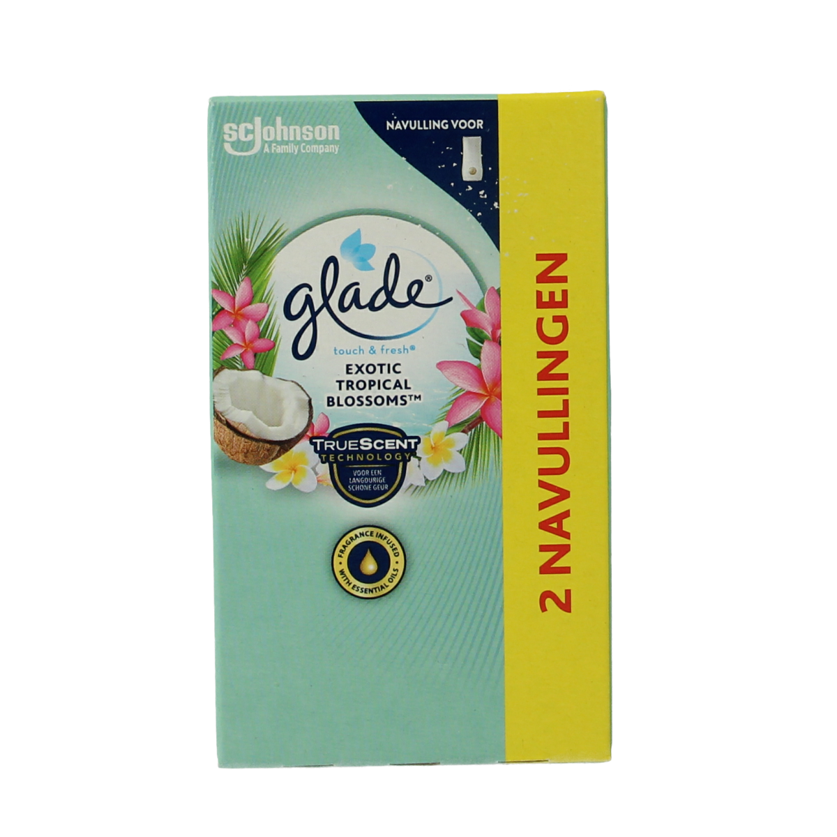 Glade Touch & Fresh Exotic Tropical Blossoms home fragrance duo, two huisparfum bottles with tropical floral scent.