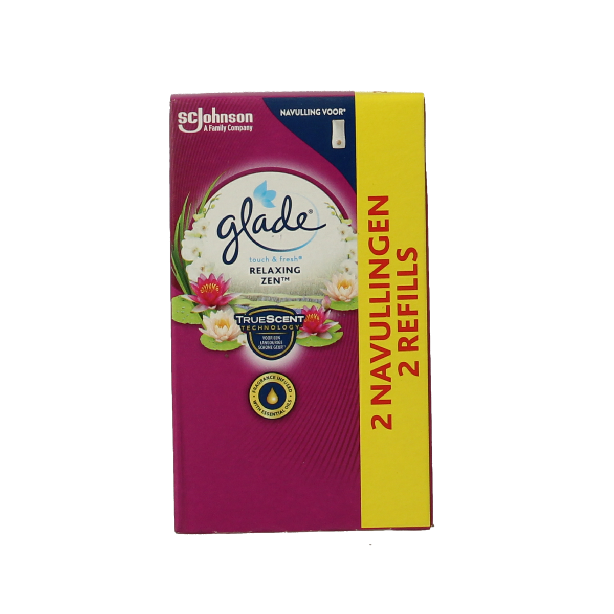 Glade One Touch Navul Relax Zen scent refills for air freshener, showing six white spray cartridges on a white background.