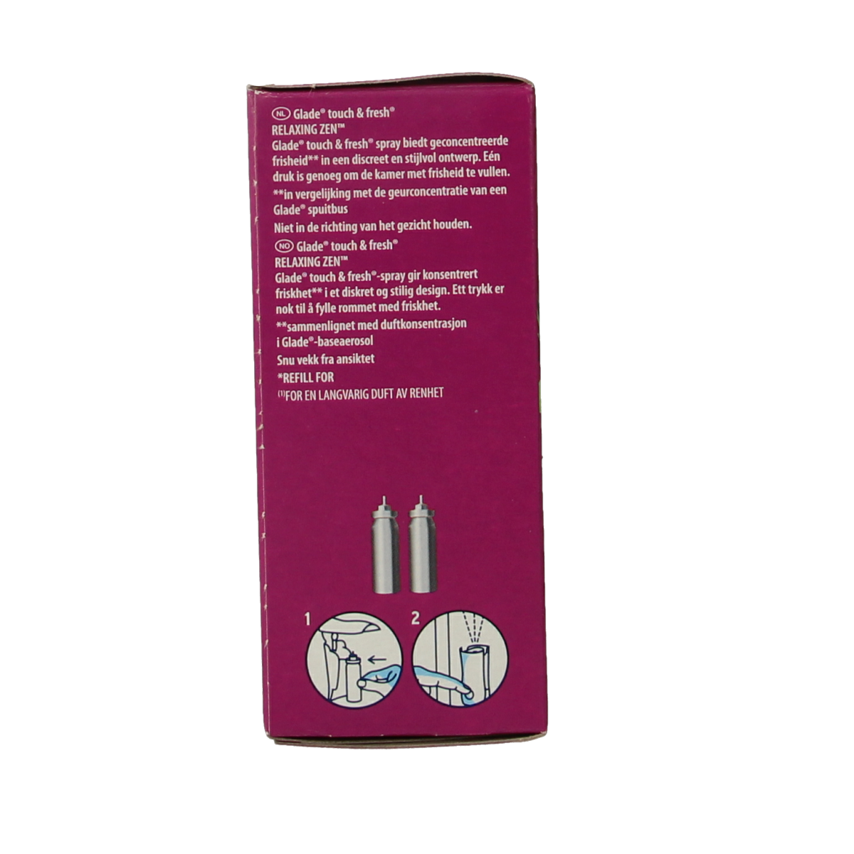 Glade One Touch Navul Relax Zen scent refills for air fresheners, 2 packs of 2 units each, designed for ease of use.