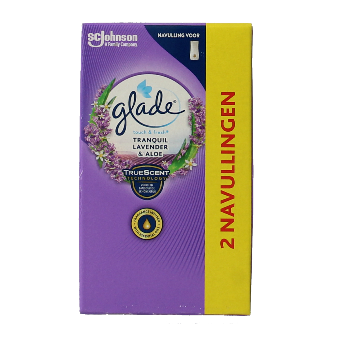 Glade Touch & Fresh Navul Duo home fragrance refills with lavender and aloe scents, 2-pack for household air freshening.