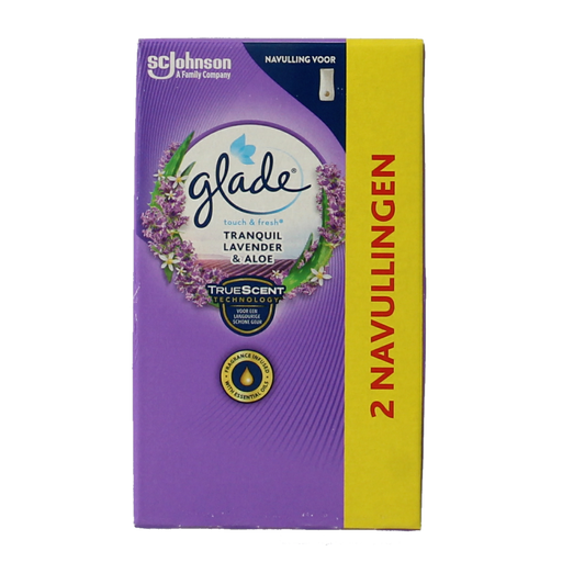 Glade Touch & Fresh Navul Duo home fragrance refills with lavender and aloe scents, 2-pack for household air freshening.
