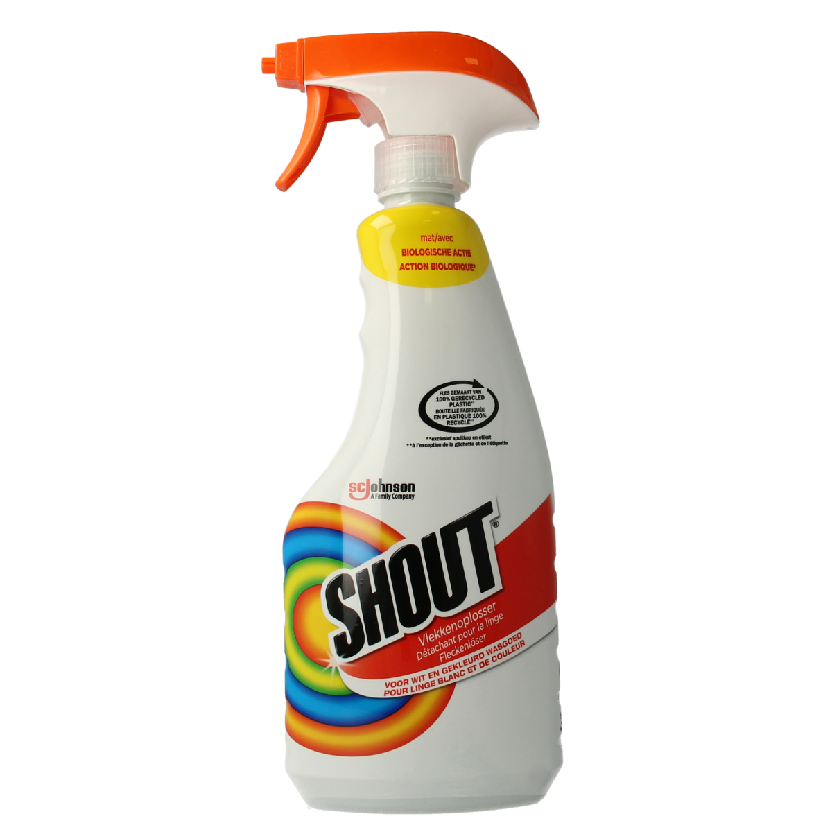 Mr Muscle Shout stain remover spray in a 500ml bottle, used for cleaning and removing stains from various surfaces.