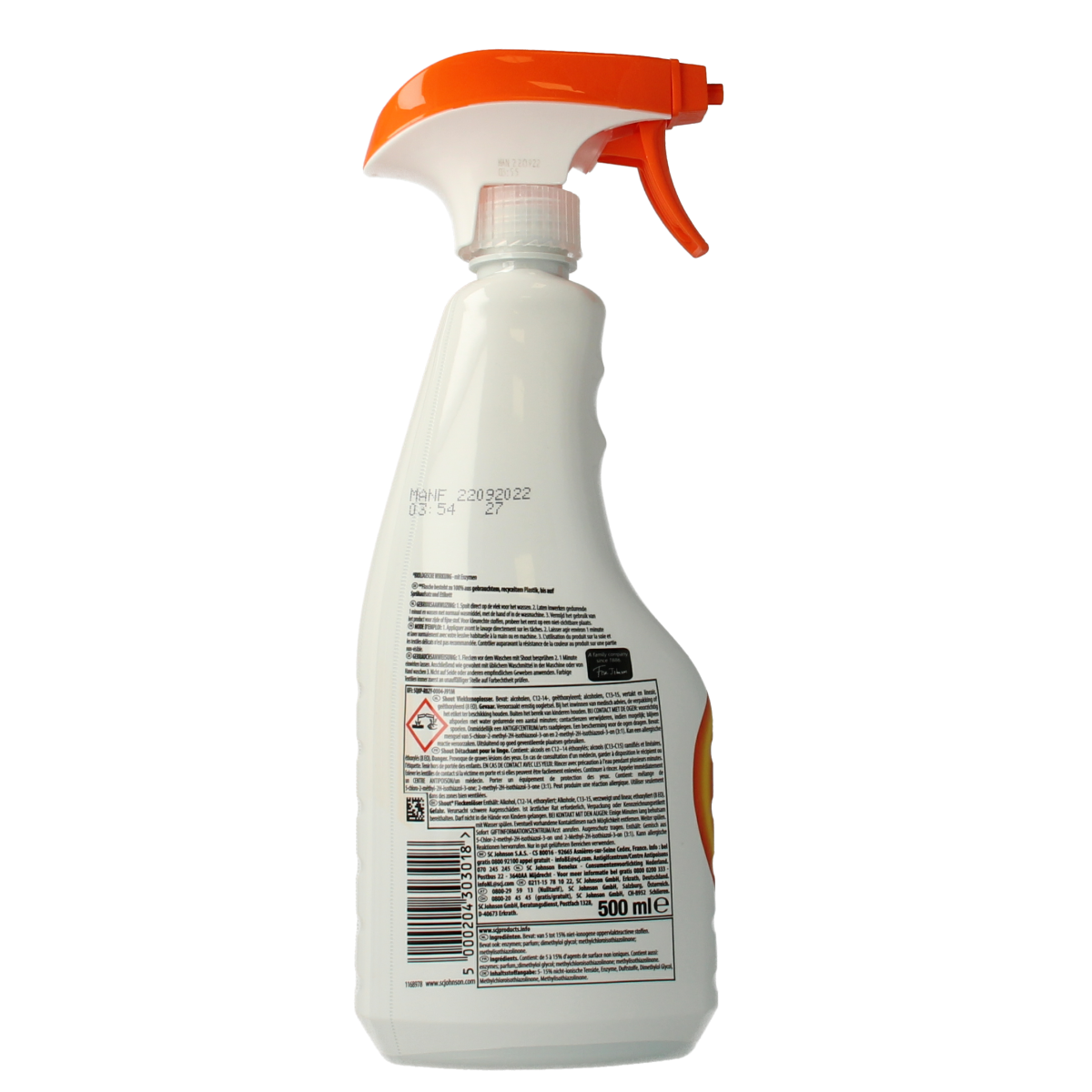 Mr Muscle Shout stain removal spray in a 500ml bottle, effective cleaning product for household stains and dirt.