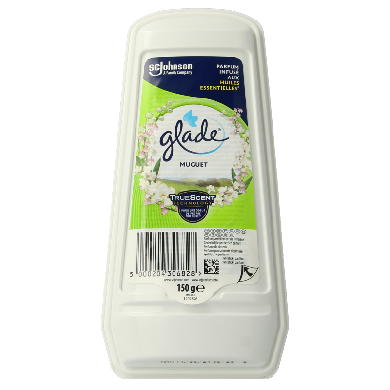 Glade Muguet air freshener gel in a 150g container, used for freshening up toilets and bathrooms.