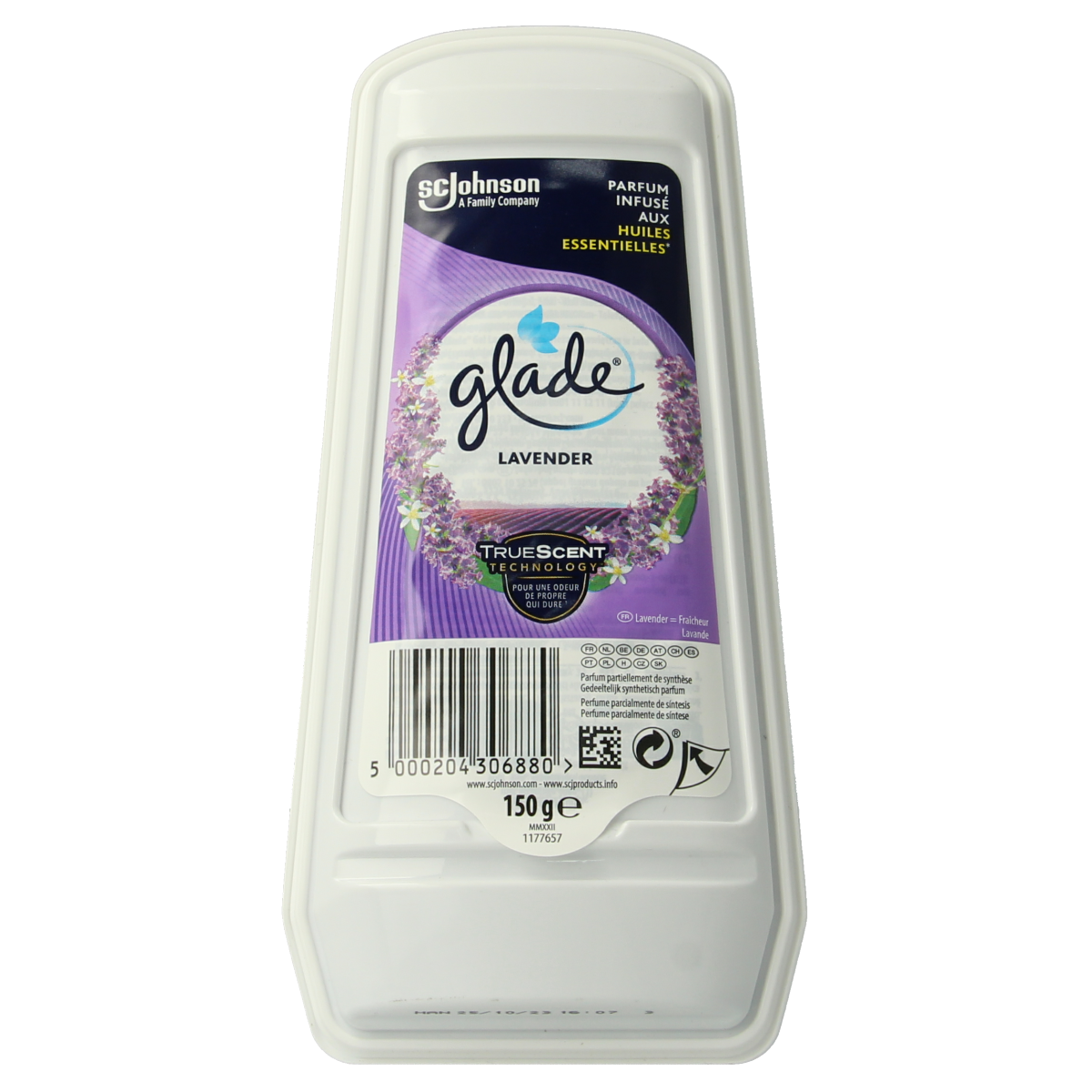 Glade tranquil lavender and aloe gel air freshener for toilets, 150 grams, with a transparent container and lavender scent