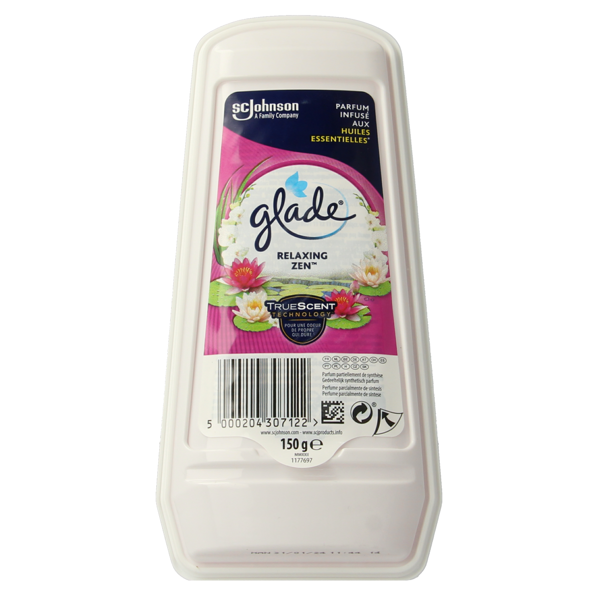 Glade Gel luchtverfrisser Relax Zen 150g, a jar of scented gel air freshener with calming aromatherapy scent.