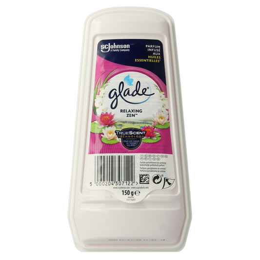 Glade Gel luchtverfrisser Relax Zen 150g, a jar of scented gel air freshener with calming aromatherapy scent.
