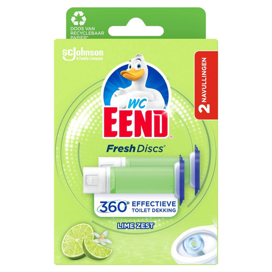 WC Eend Fresh disk navul duo lime zest, 72ml toilet freshener refill with fresh lime scent, for toilet cleaning and freshness.