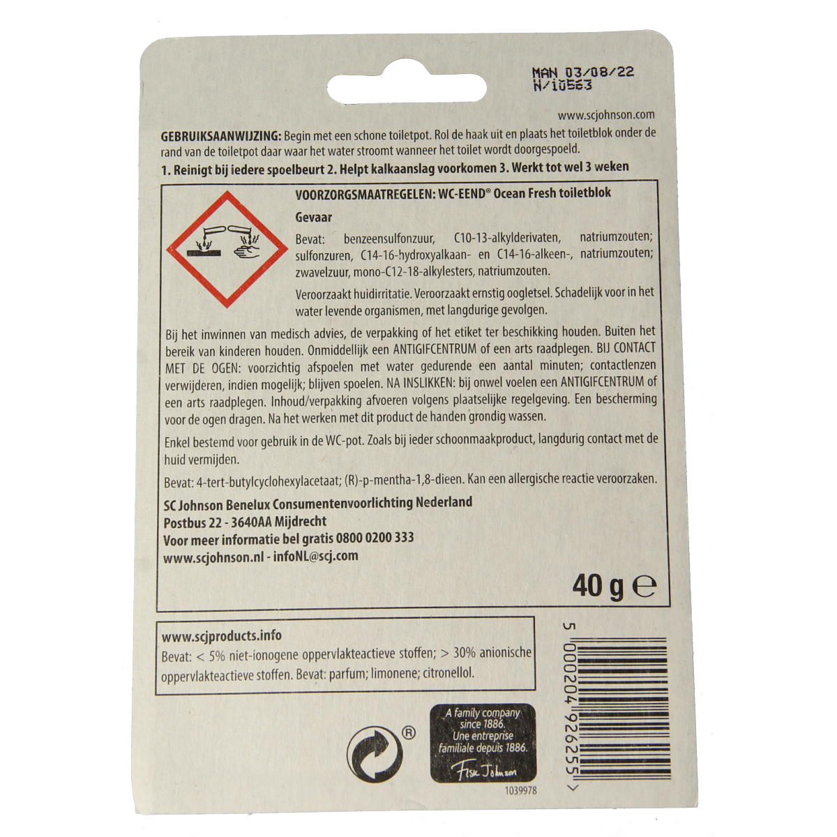 WC Eend Ocean Fresh toilet cleaner block in a 40g pack, designed to freshen and clean toilets effectively.
