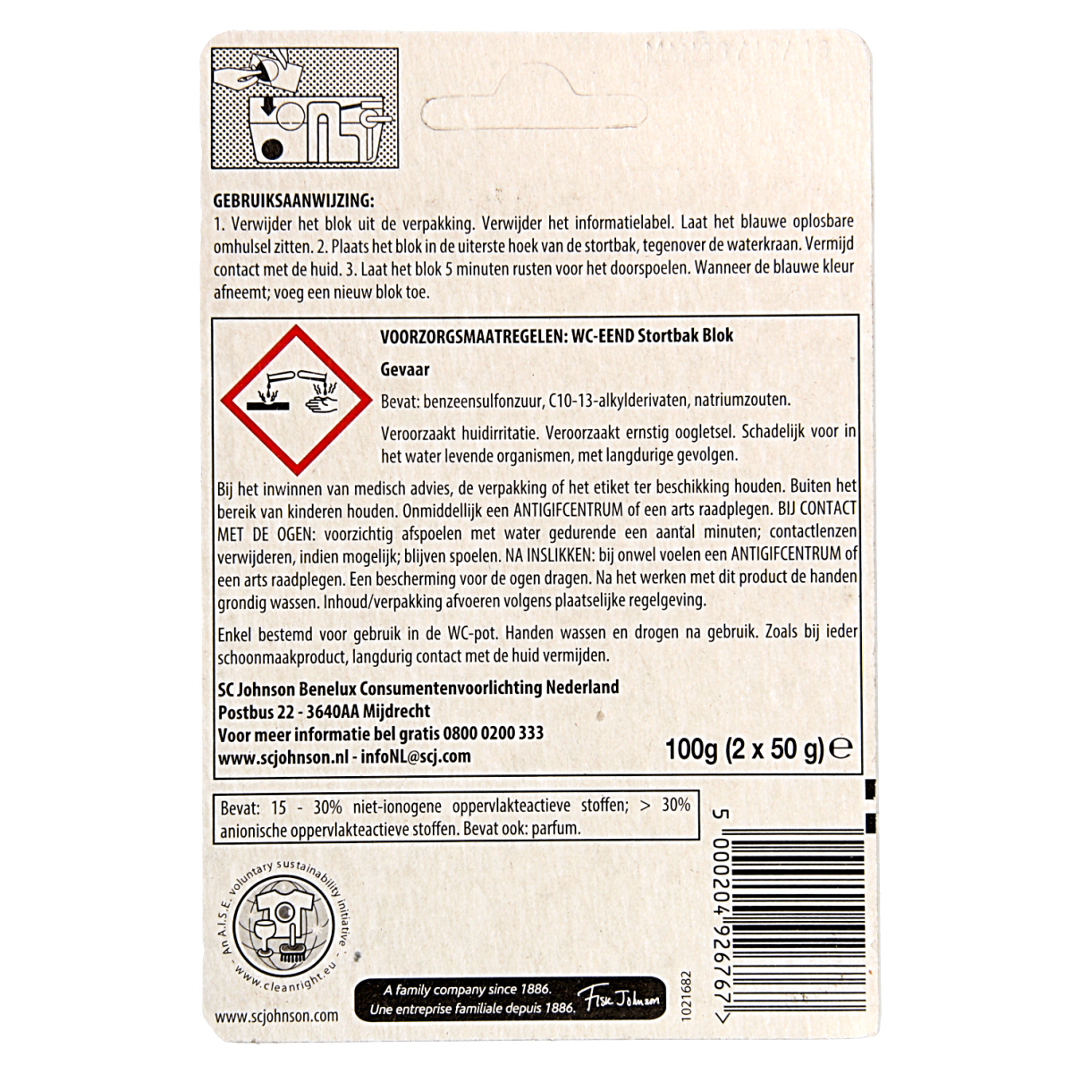 Blue WC Eend toilet cleaner and refresher block in a 50g duo pack, designed for toilet bowl freshness and cleanliness.