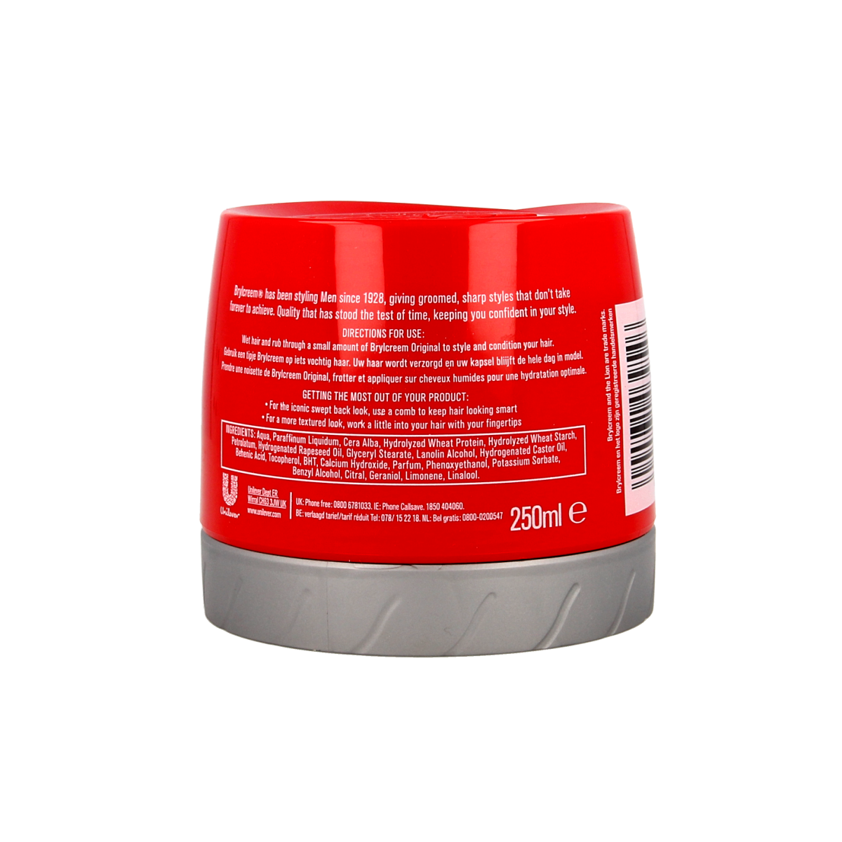 Brylcreem Classic hair styling gel in a 250ml pot, showing the round container with the Brylcreem logo and product label.